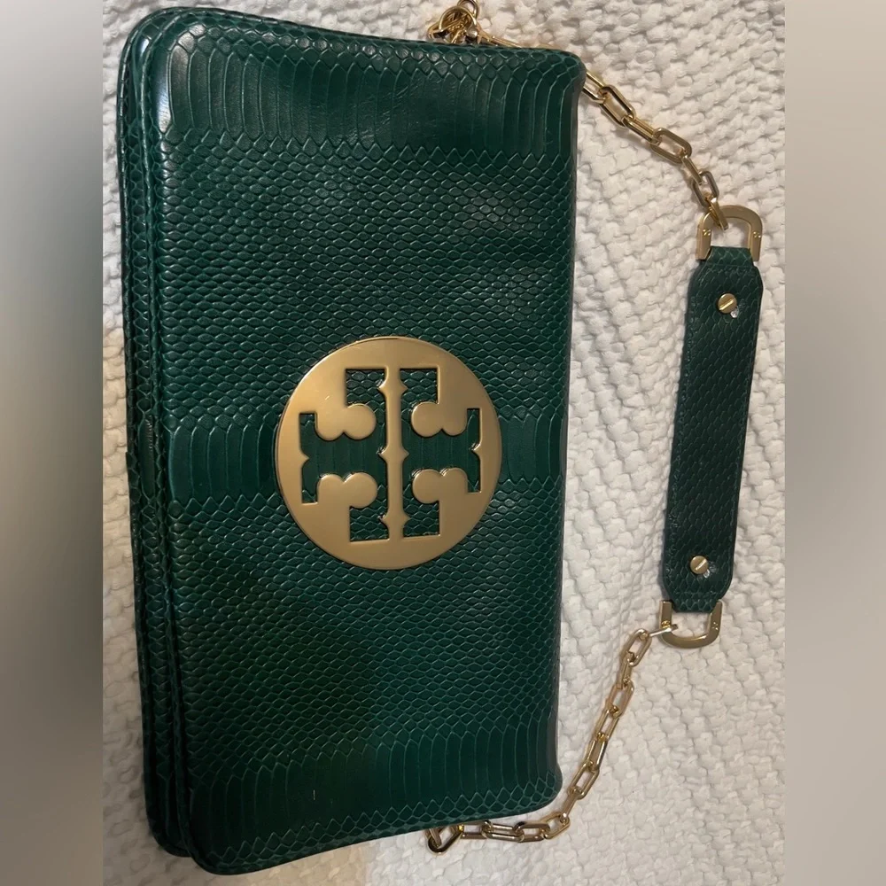 Tory Burch Dark Green Snake-Embossed Leather Clutch with Gold Logo